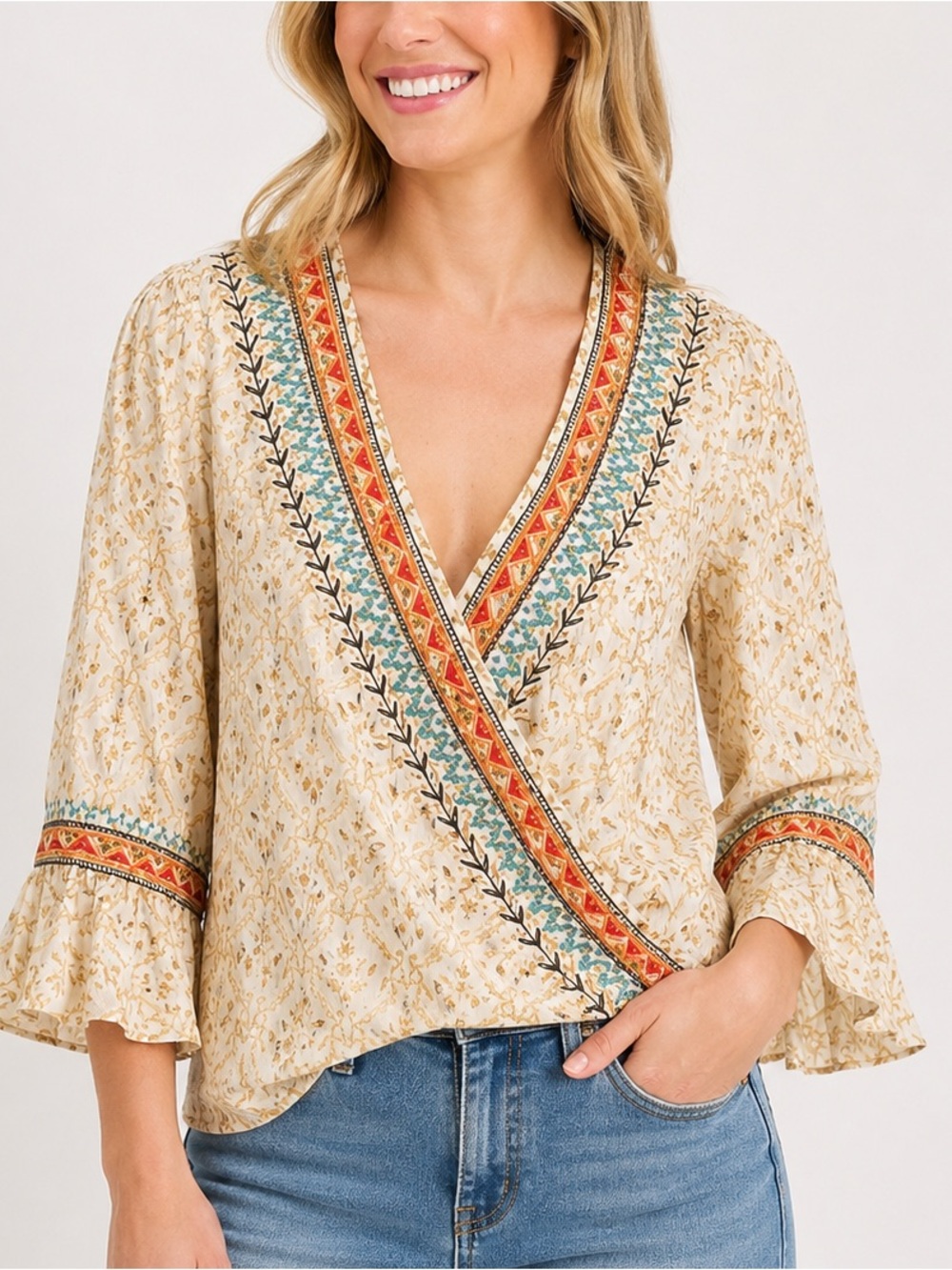 Ivy Jane Boho Embroidered Surplice Bell Sleeve Top Size M